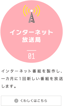 インターネット放送局：インターネット番組を製作し、一カ月に１回新しい番組を放送します。